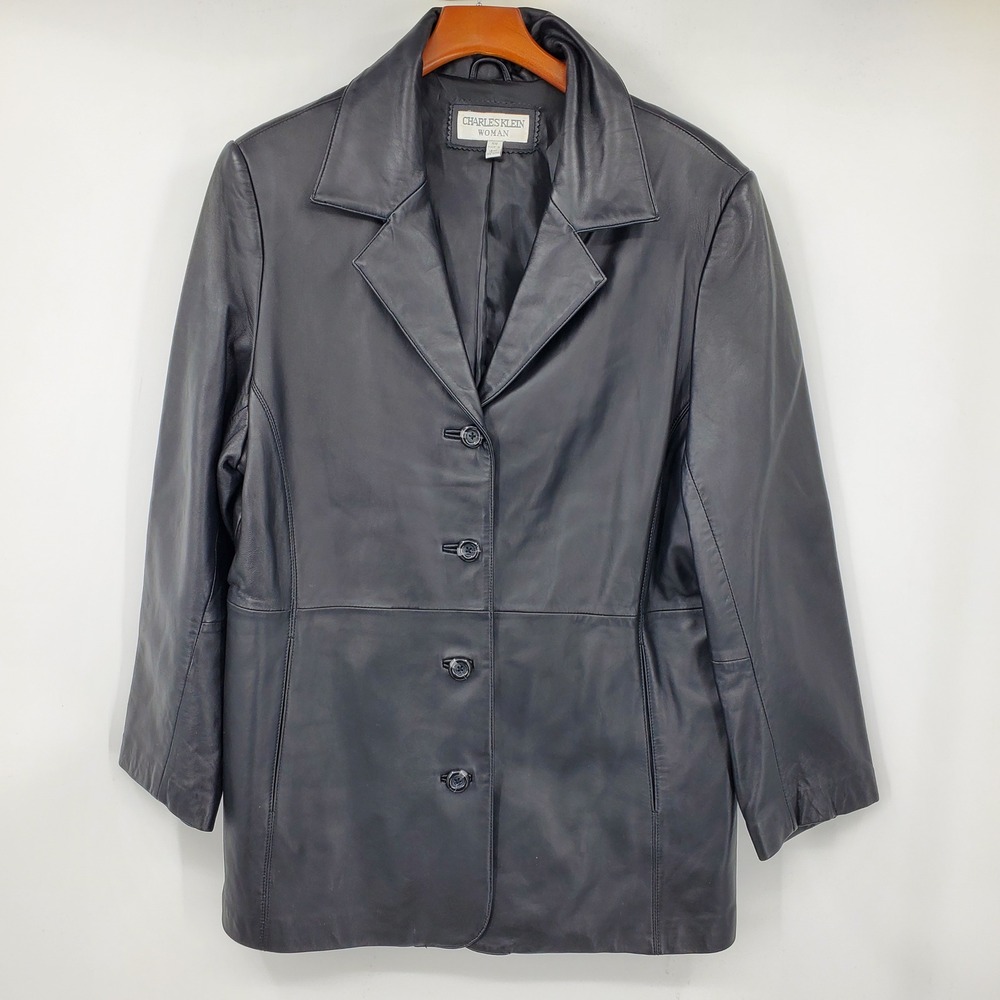 Charles Klein Black Leather Blazer Jacket 16W Button Front Coat Goth Fall Matrix